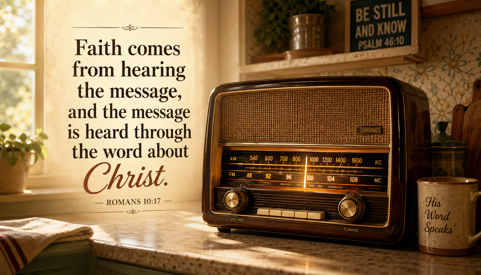 Vintage radio with warm golden dial glowing on a kitchen counter with Romans 10:17 verse about faith coming from hearing the message